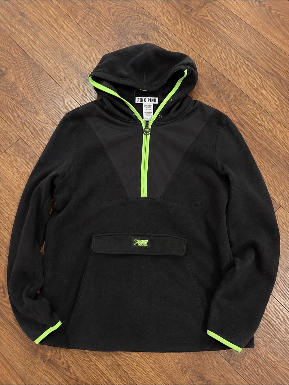 Victoria's Secret PINK Black Pullover Hoodie with Neon Green Trim Sz M